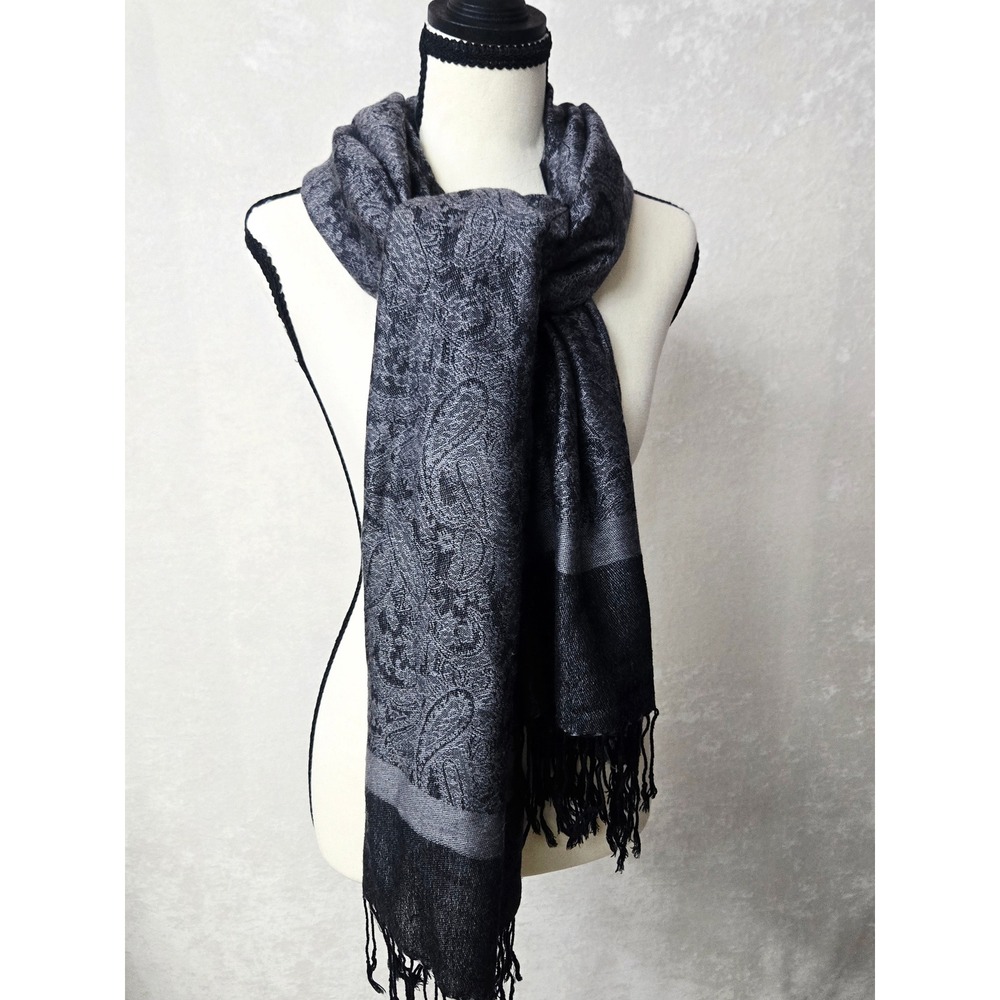 Grey Black Paisley Pashmina Scarf Jacquard Wrap with Fringe Trim Whimsigoth Boho
